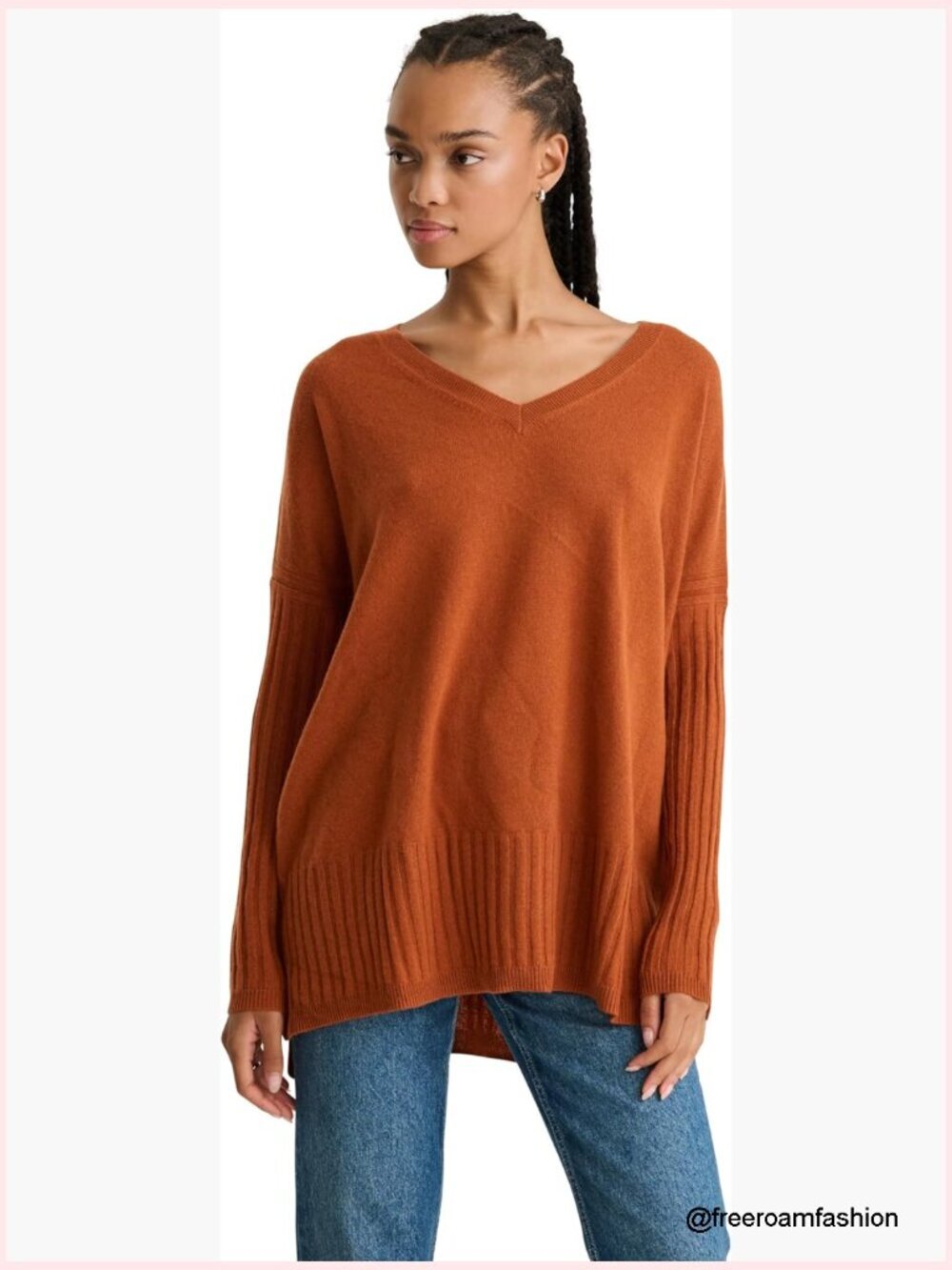 V-Neck Boyfriend Pullover Sweater - Cashmere Long Sleeve Relaxed Fit